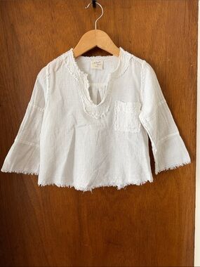 Girls' Cream Textured Cotton Top with Frayed Trim